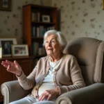 Femme âgée assise dans un fauteuil tendant la main, exprimant confusion et nostalgie, illustration de la démence sénile et des appels à la mère