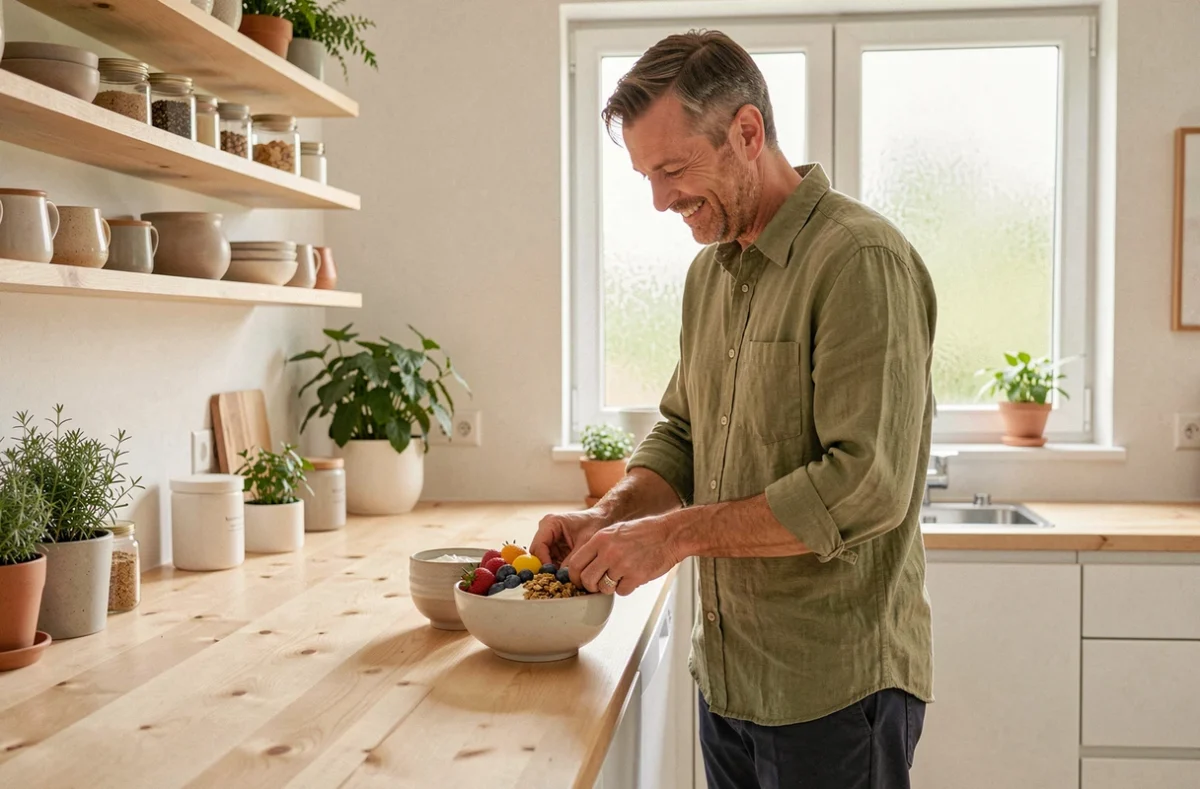 Homme préparant un petit-déjeuner sain avec des fruits frais dans une cuisine scandinave moderne pour prendre soin de sa santé au quotidien