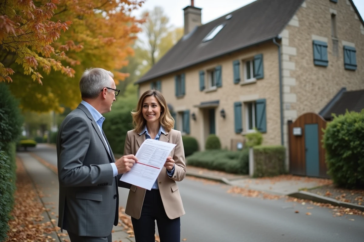 Deux professionnels immobiliers IAD discutant des frais de commission devant une maison française à vendre