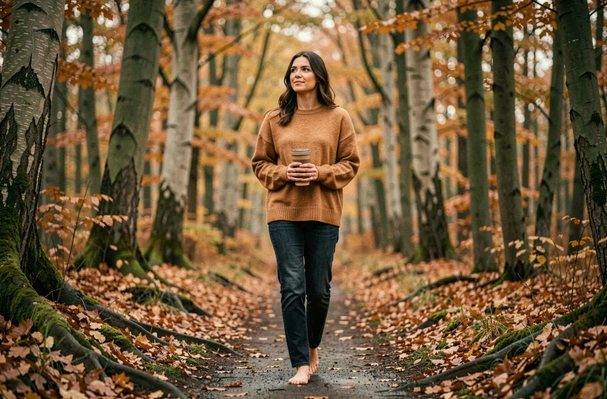 Femme se promenant pieds nus dans une forêt automnale avec un café chaud, illustrant les bienfaits de la reconnexion à la nature pour le bien-être