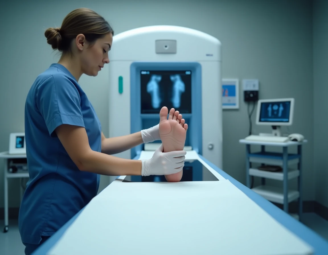 Radiographe positionnant un pied pour une radiographie, illustrant l'erreur de demander une radio trop tôt