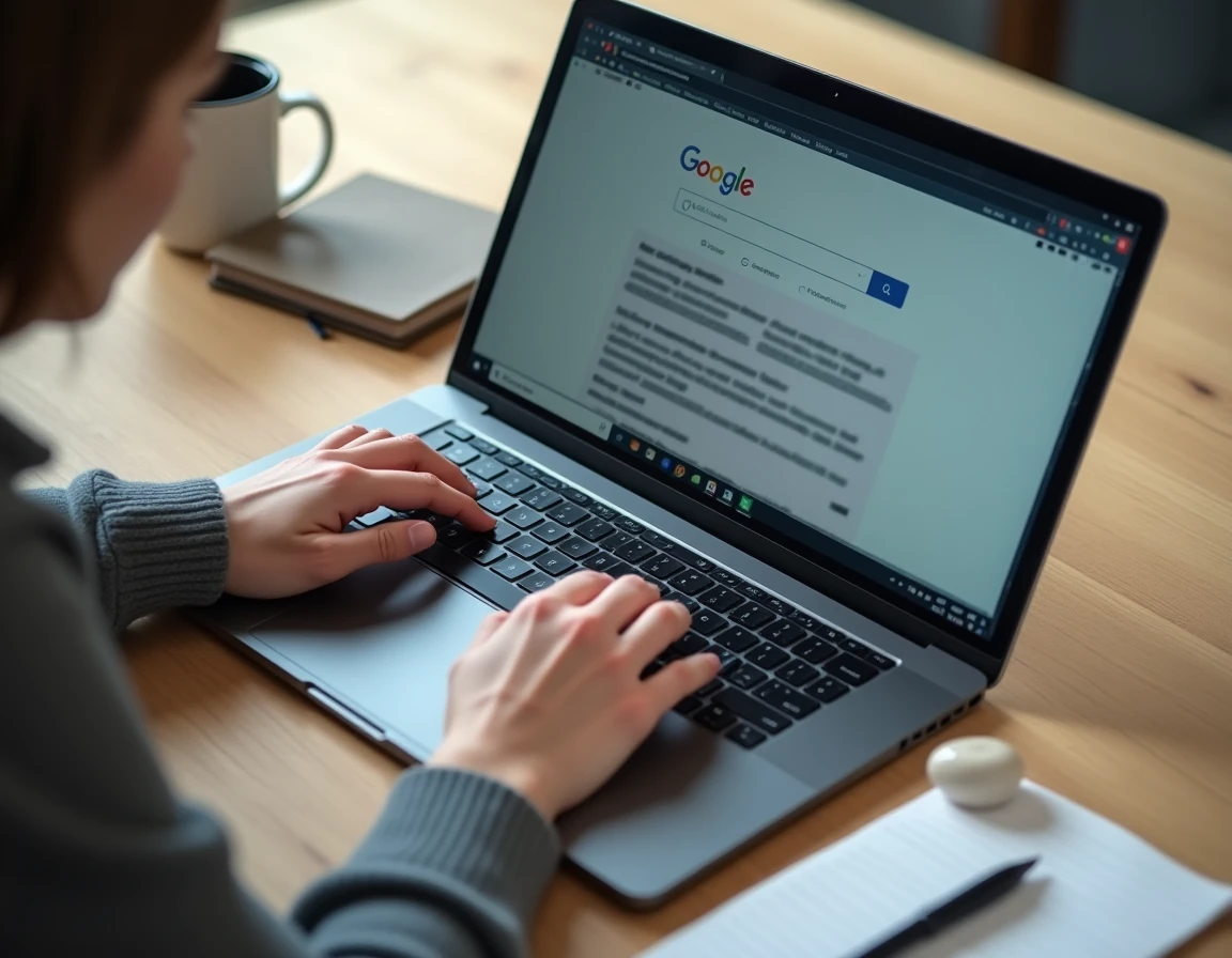 Mains tapant sur un clavier d'ordinateur portable pour effectuer une recherche sur internet, symbolisant la curiosité autour de la vie privée des célébrités