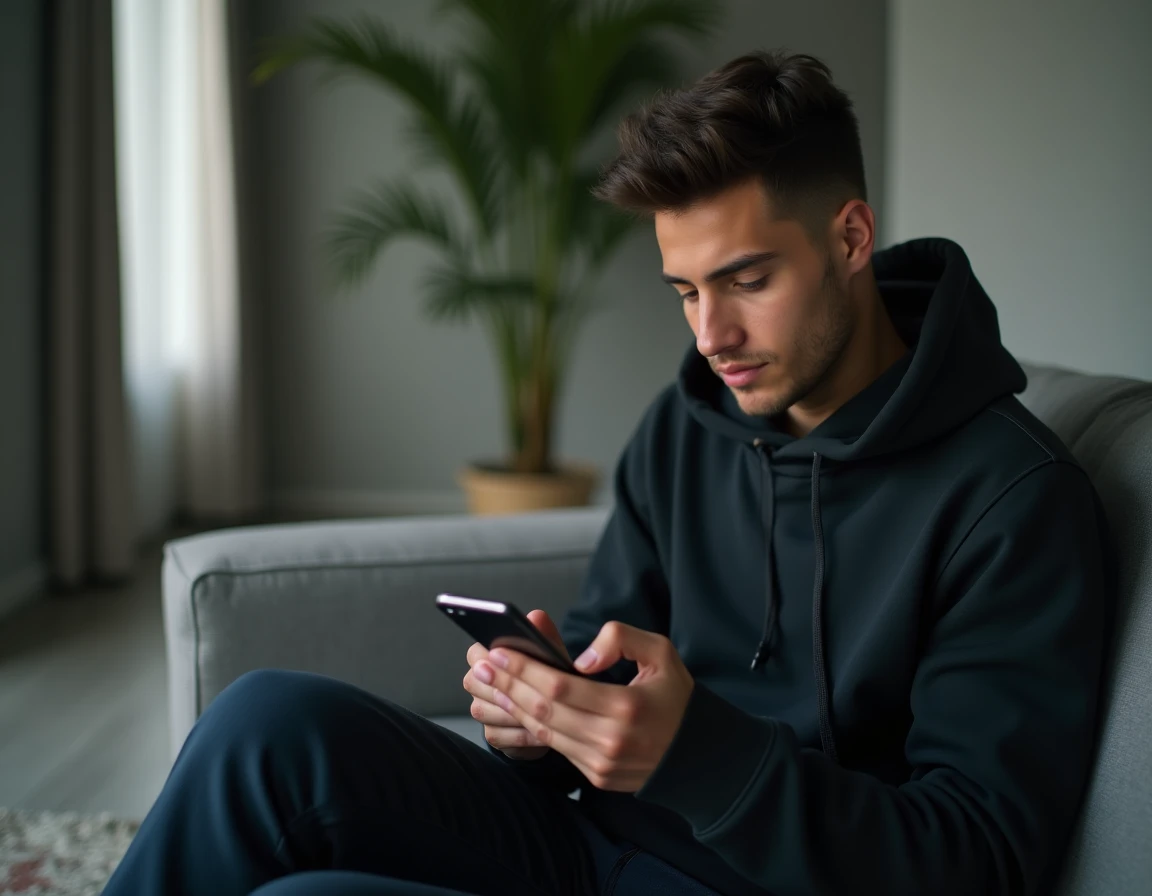 Jeune personne utilisant une application de recherche de numéro de téléphone inversé sur smartphone