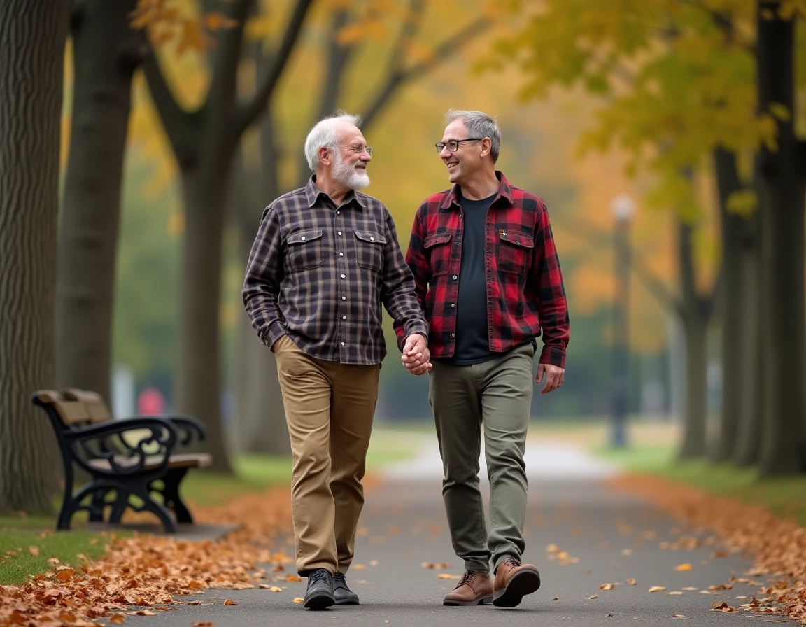 Homme âgé se promenant avec son fils adulte dans un parc en automne, symbolisant le soutien familial et le bien-être physique des personnes âgées