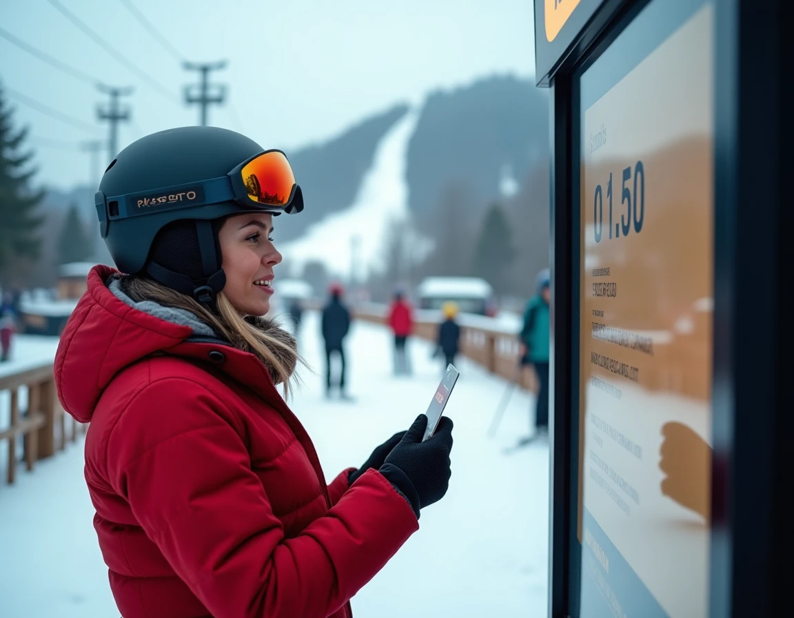 Skieuse consultant un panneau d'information sur les forfaits ski à Corrençon-en-Vercors