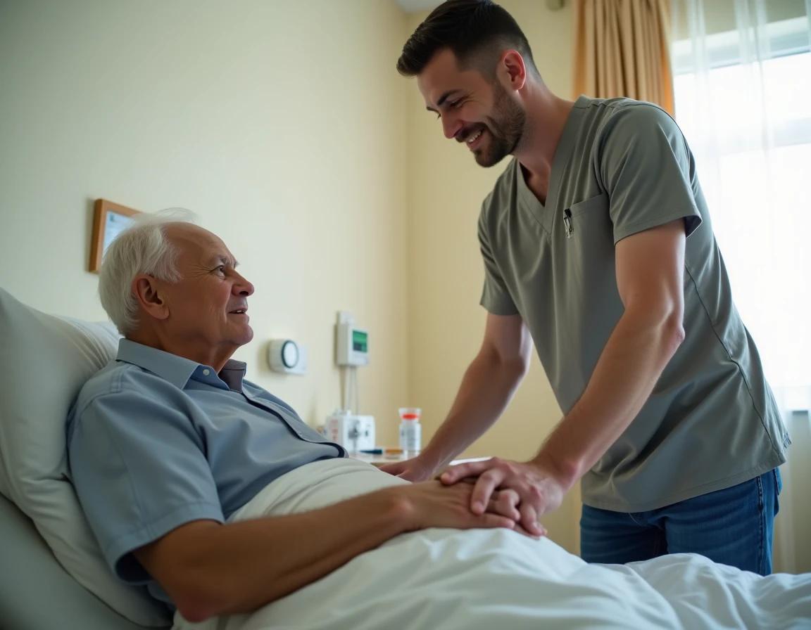 Soignant tenant la main d'un homme âgé désorienté dans une chambre médicalisée, représentant l'accompagnement des personnes atteintes de troubles cognitifs