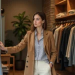 Femme élégante en manteau camel feuilletant des vêtements dans une boutique de mode parisienne au style éditorial