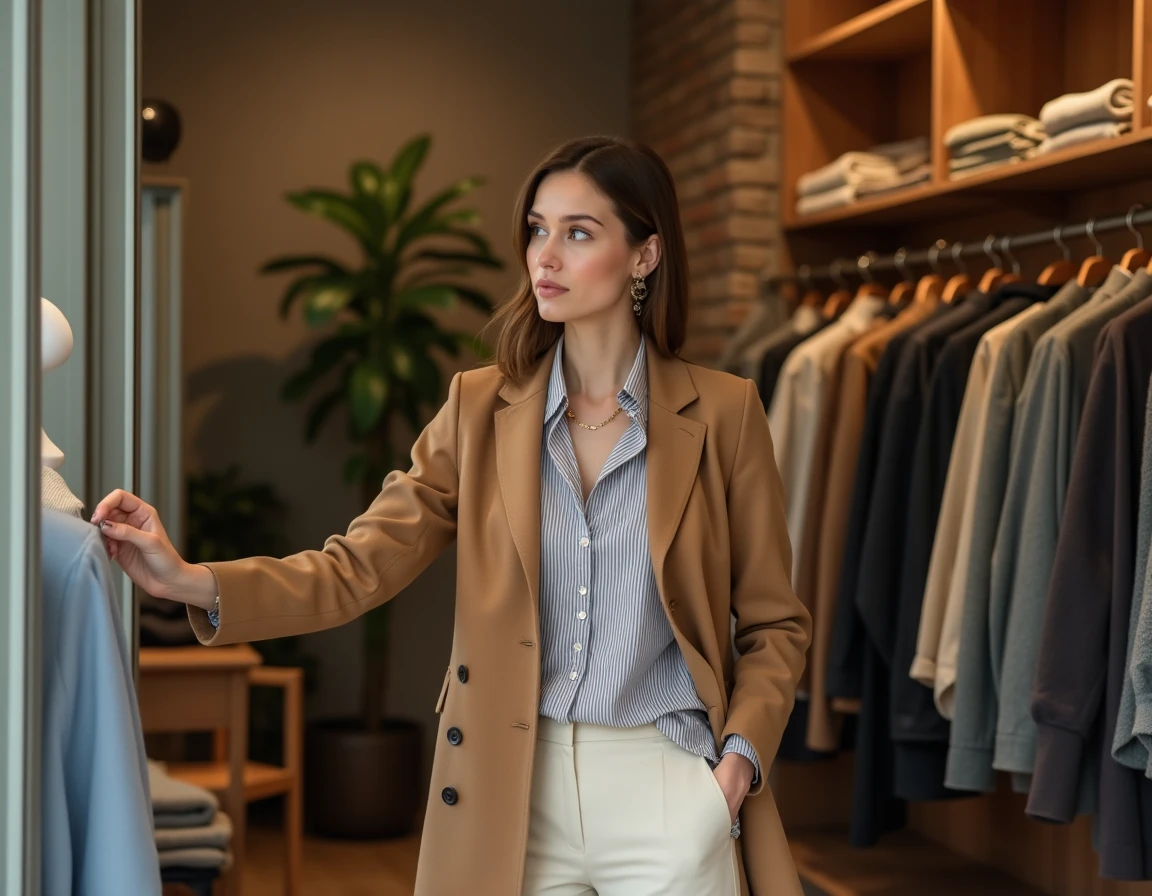 Femme élégante en manteau camel feuilletant des vêtements dans une boutique de mode parisienne au style éditorial