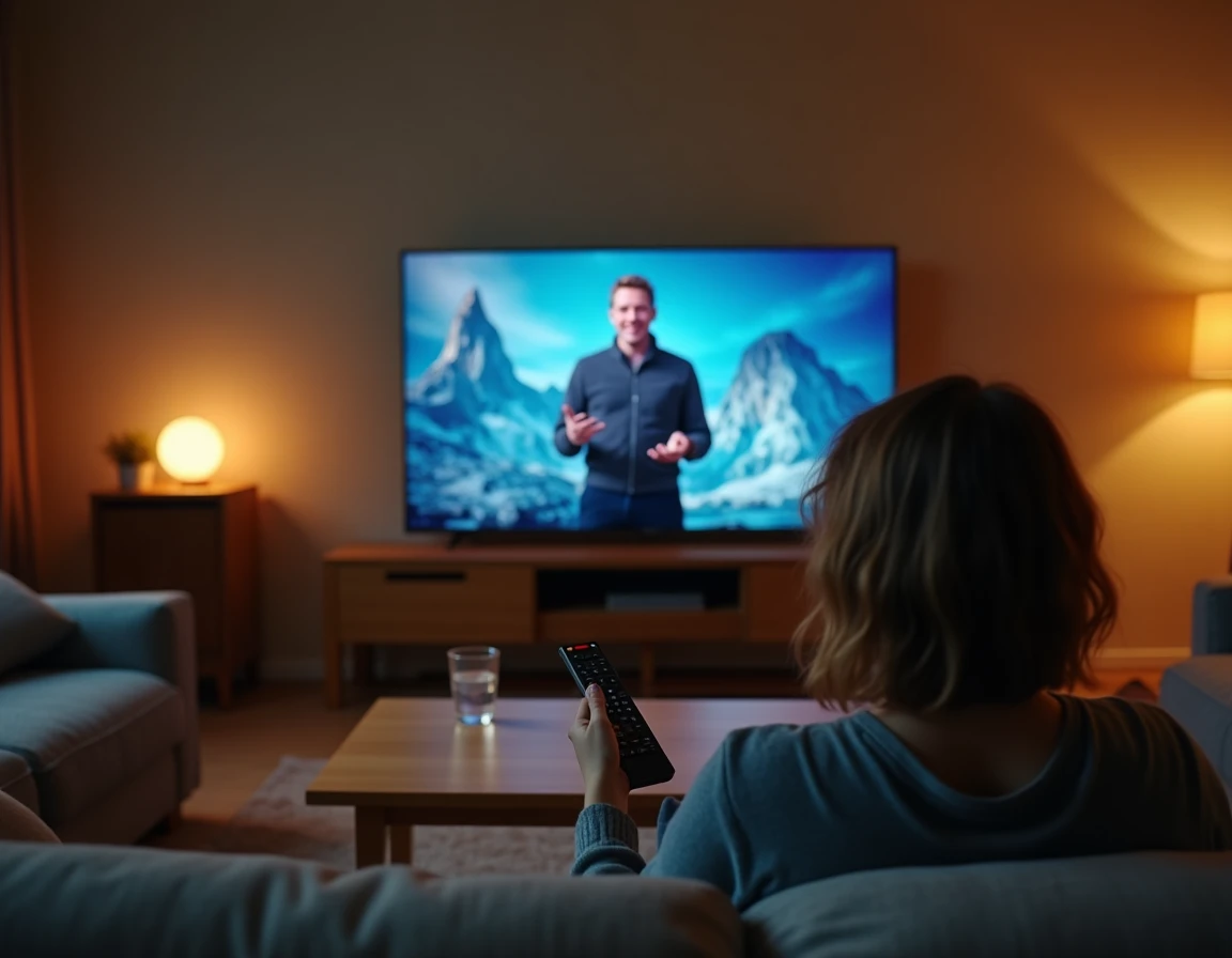 Téléspectateur regardant un documentaire de voyage à la télévision depuis son canapé, représentant la fascination du public pour les animateurs télévisés et leur vie personnelle