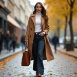 Femme élégante en trench coat camel marchant dans une rue pavée parisienne en automne, tendances mode quotidiennes