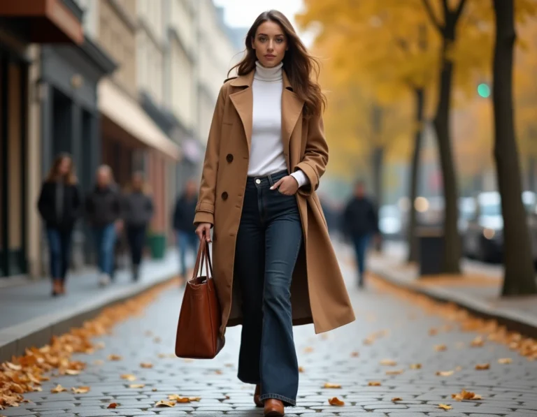 Femme élégante en trench coat camel marchant dans une rue pavée parisienne en automne, tendances mode quotidiennes