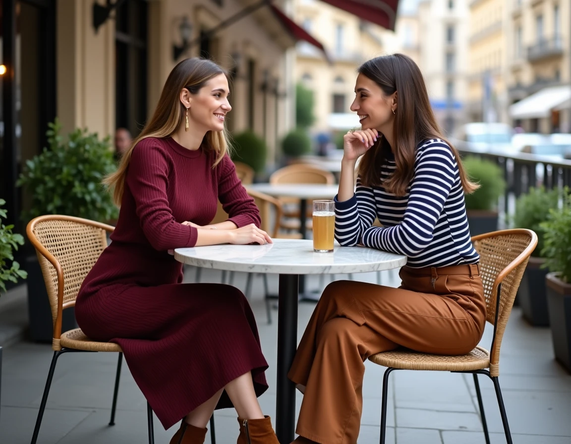 Deux femmes tendance assises en terrasse de café portant des tenues mode actuelles, style quotidien et accessoires tendance