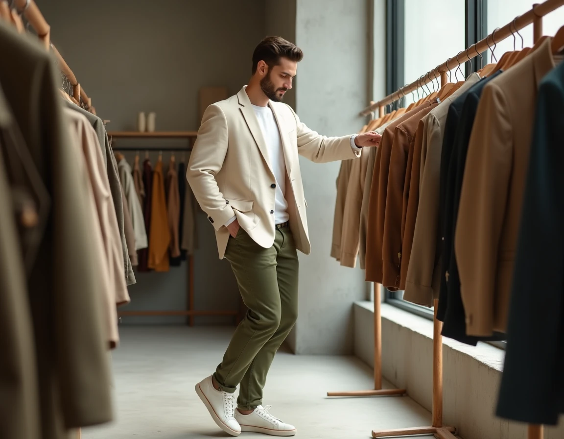 Homme en blazer lin ecru explorant des vêtements dans un concept store minimaliste, style mode tendance au quotidien