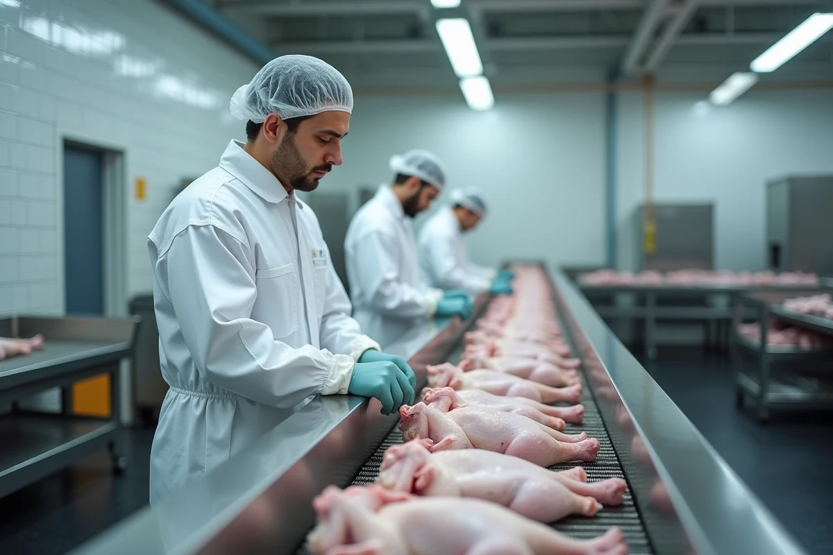 Ouvrier dans une usine de transformation industrielle de poulet, représentant la production massive de volaille dans les pays grands consommateurs