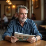 Homme d'âge mûr lisant un magazine de voyage seul dans un café parisien, illustrant la vie privée et l'intimité des personnalités publiques