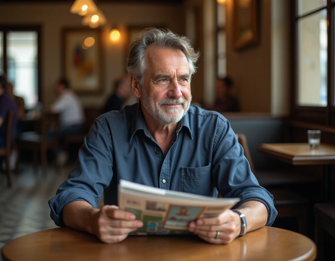Homme d'âge mûr lisant un magazine de voyage seul dans un café parisien, illustrant la vie privée et l'intimité des personnalités publiques